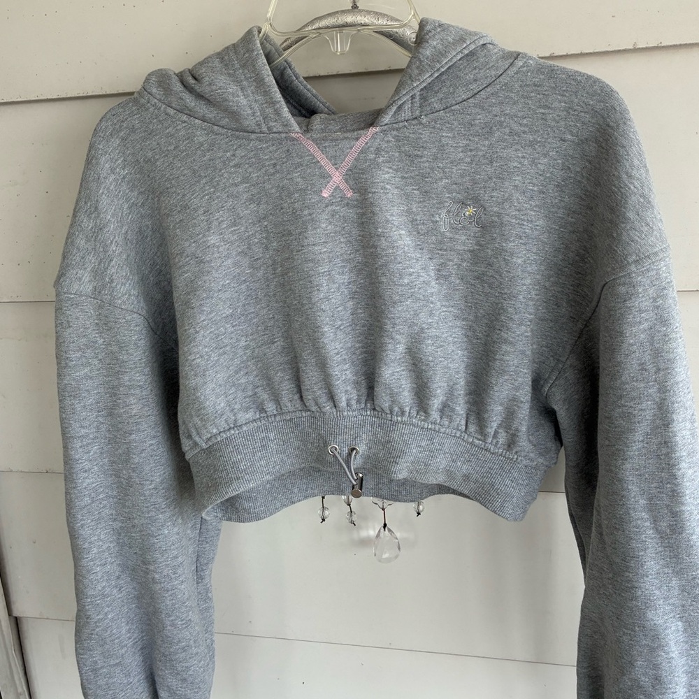 For Love & Lemons Cropped Gray Hoodie with Pink Stitching